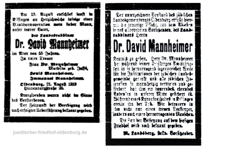 Traueranzeigen für Landrabbiner Dr. David Mannheimer